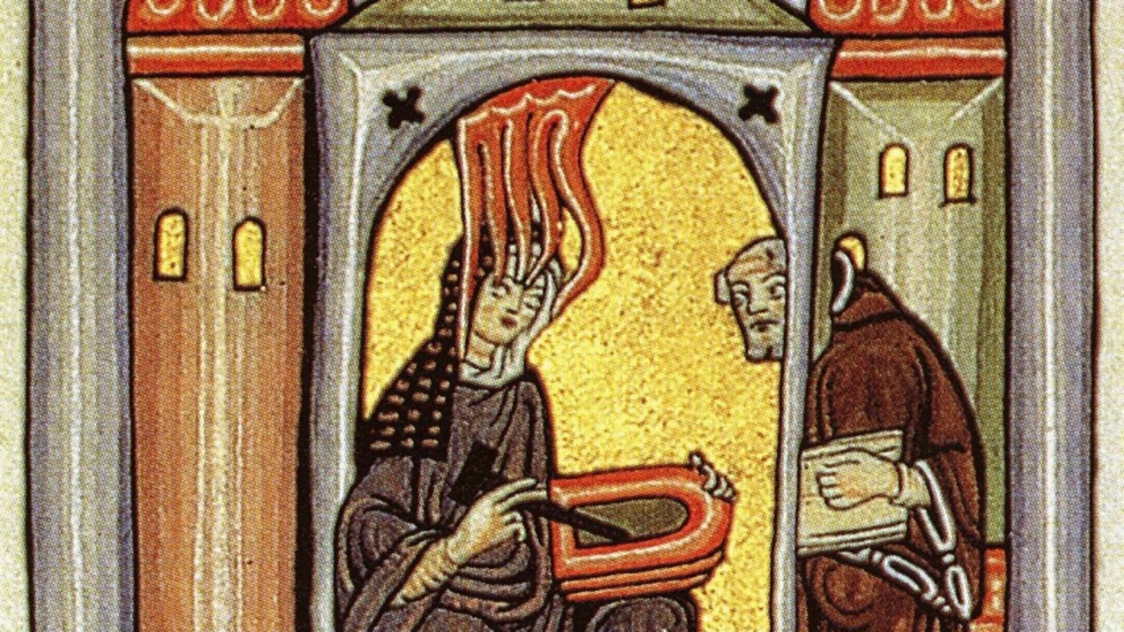 Miniatur aus dem Rupertsberger Codex des Liber Scivias, Hildegard von Bingen empfängt eine göttliche Inspiration und gibt sie an ihren Schreiber weiter. Rechts der Kräutergarten im Kloster Maulbronn. Fotos: p Miniatur aus dem Rupertsberger Codex des Liber Scivias, Hildegard von Bingen empfängt eine göttliche Inspiration und gibt sie an ihren Schreiber weiter. Rechts der Kräutergarten im Kloster Maulbronn. Fotos: p