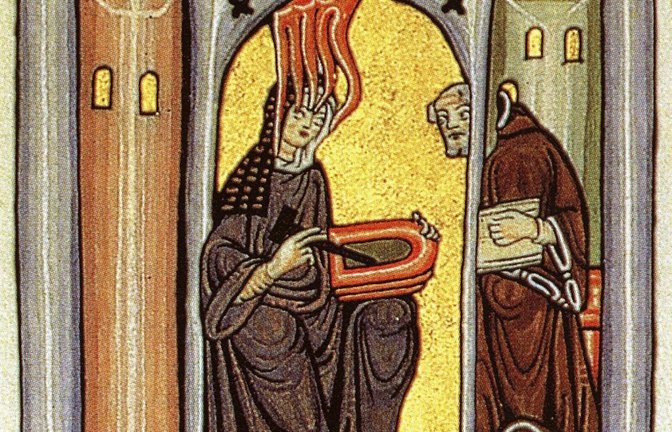 Miniatur aus dem Rupertsberger Codex des Liber Scivias, Hildegard von Bingen empfängt eine göttliche Inspiration und gibt sie an ihren Schreiber weiter. Rechts der Kräutergarten im Kloster Maulbronn. <span class='image-autor'>Fotos: p</span>