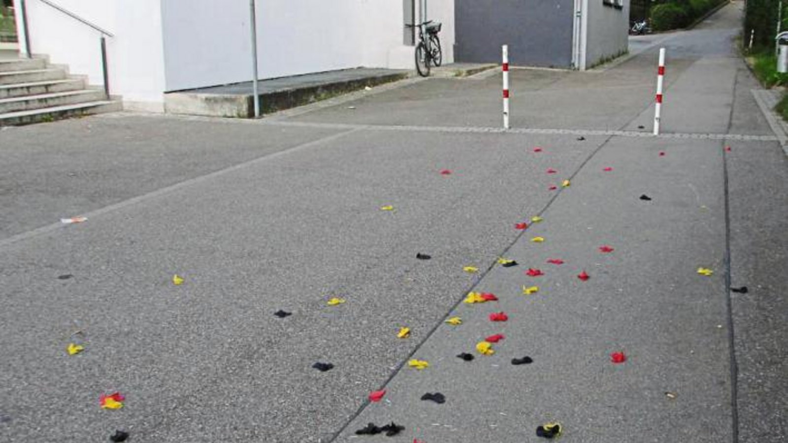 Ein paar Blüten in Schwarz, Rot und Gold vor der Vaihinger Stadthalle ist alles, was noch vom Public-Viewing des EM-Halbfinales übrig geblieben ist.  Foto: Braun