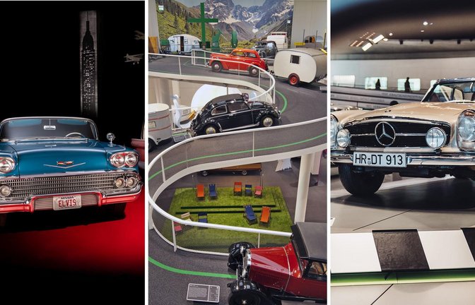 Ein US-Klassiker aus den 1950er Jahren im Technikmuseum Sinsheim, Geschichte des mobilen Reisens im Hymer Museum und ein Oldtimer-Sportwagen im Mercedes-Benz-Museum in Stuttgart (v.li.n.re.).<span class='image-autor'>Foto: Technikmuseum Sinsheim, Hymer Museum, Mercedes-Benz-Museum</span>