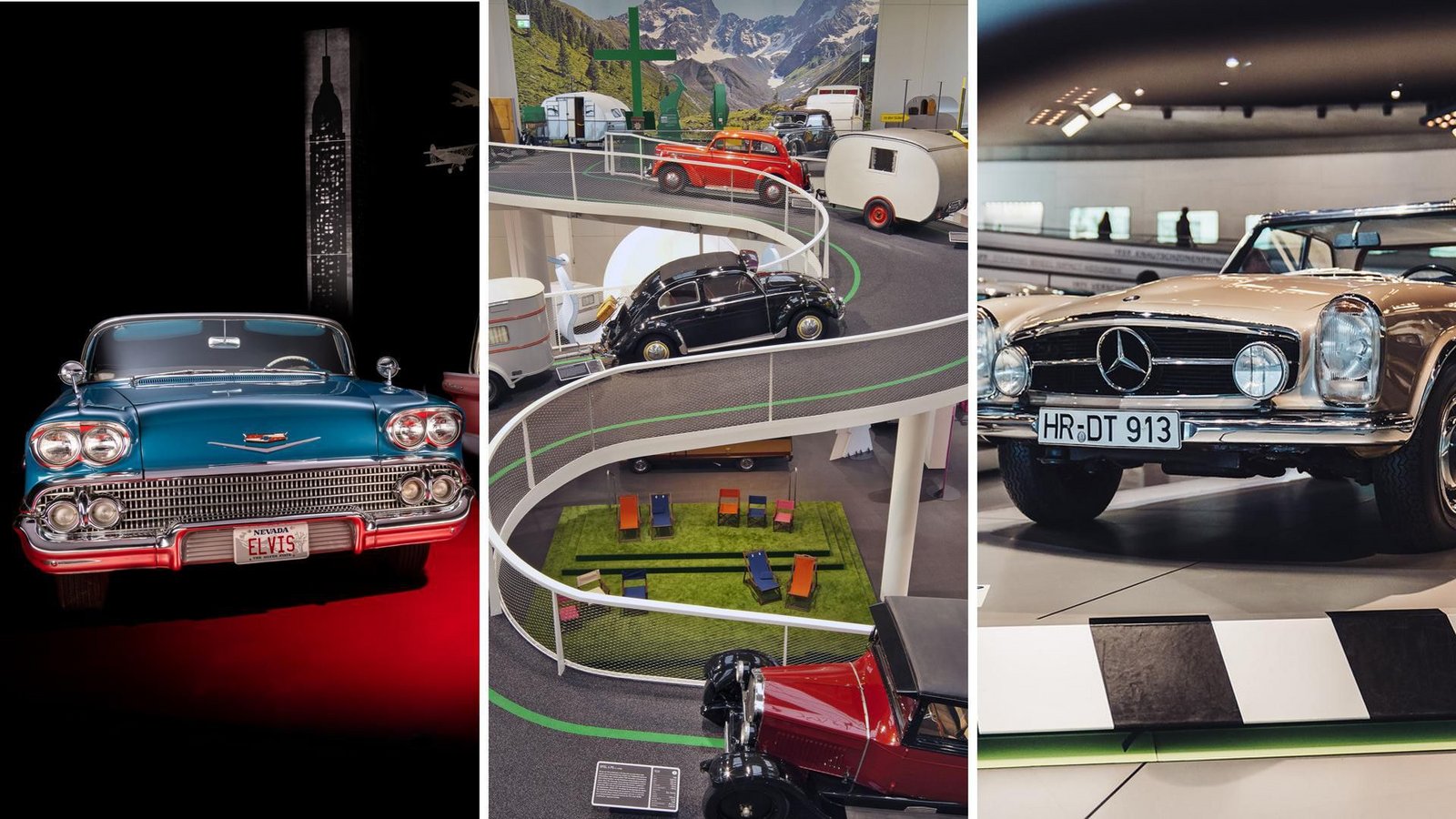 Ein US-Klassiker aus den 1950er Jahren im Technikmuseum Sinsheim, Geschichte des mobilen Reisens im Hymer Museum und ein Oldtimer-Sportwagen im Mercedes-Benz-Museum in Stuttgart (v.li.n.re.).Foto: Technikmuseum Sinsheim, Hymer Museum, Mercedes-Benz-Museum Ein US-Klassiker aus den 1950er Jahren im Technikmuseum Sinsheim, Geschichte des mobilen Reisens im Hymer Museum und ein Oldtimer-Sportwagen im Mercedes-Benz-Museum in Stuttgart (v.li.n.re.).Foto: Technikmuseum Sinsheim, Hymer Museum, Mercedes-Benz-Museum
