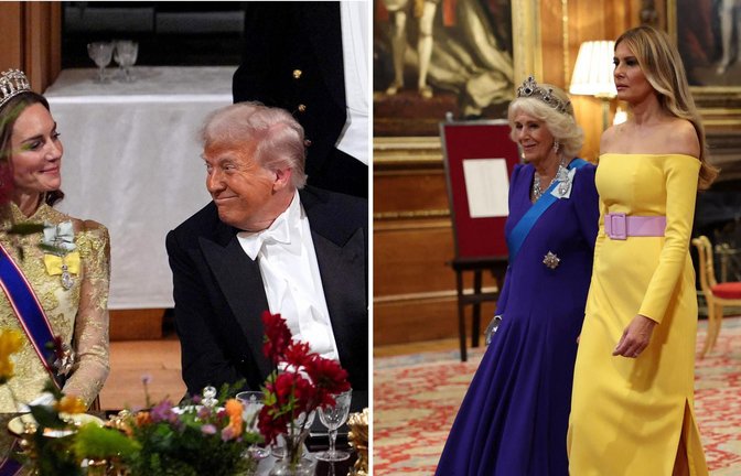 US-Präsident Donald Trump war offenbar sehr angetan von Prinzessin Kate (Foto links), für Diskussionen sorgte Melania Trumps Off-Shoulder-Robe.<span class='image-autor'>Foto: AFP</span>