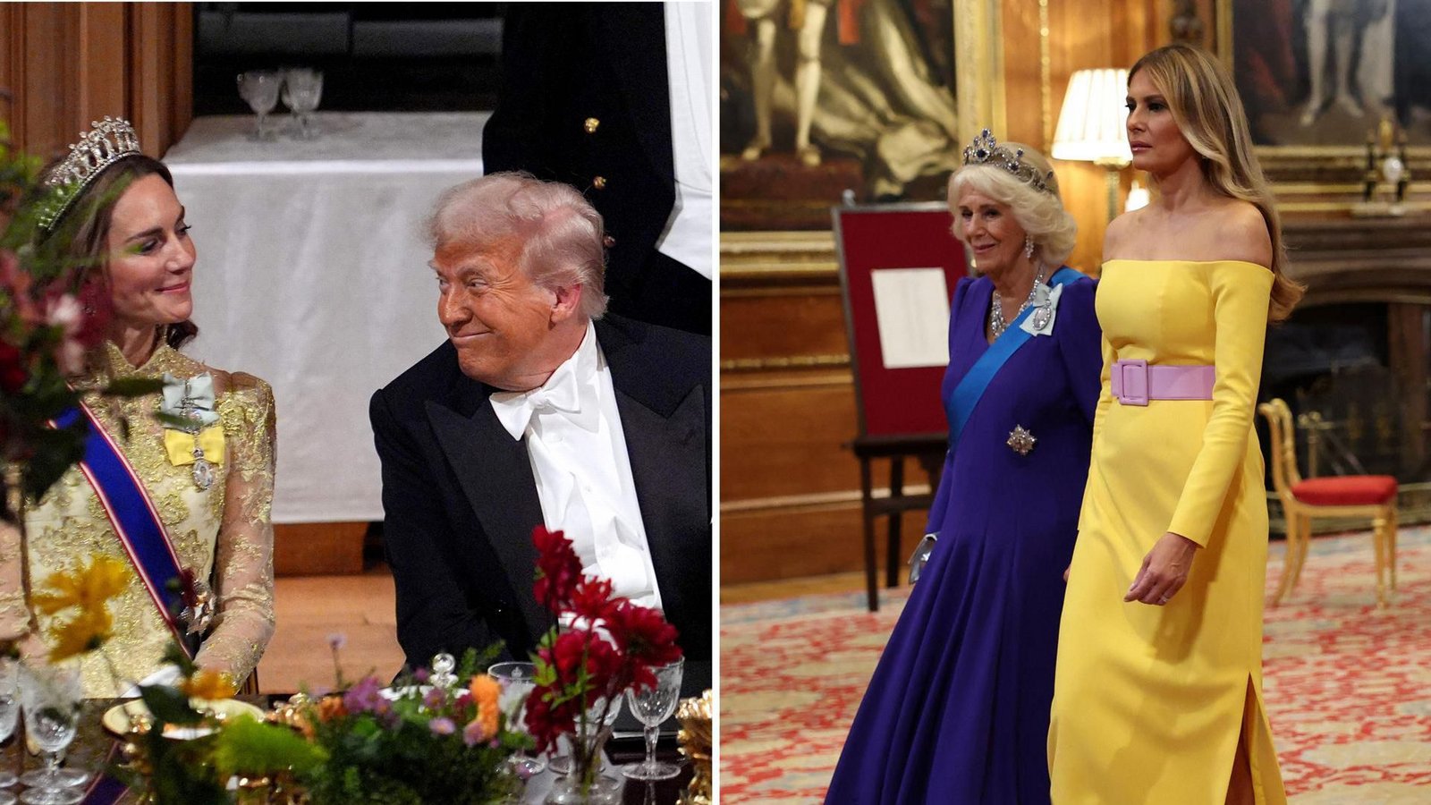 US-Präsident Donald Trump war offenbar sehr angetan von Prinzessin Kate (Foto links), für Diskussionen sorgte Melania Trumps Off-Shoulder-Robe.Foto: AFP US-Präsident Donald Trump war offenbar sehr angetan von Prinzessin Kate (Foto links), für Diskussionen sorgte Melania Trumps Off-Shoulder-Robe.Foto: AFP