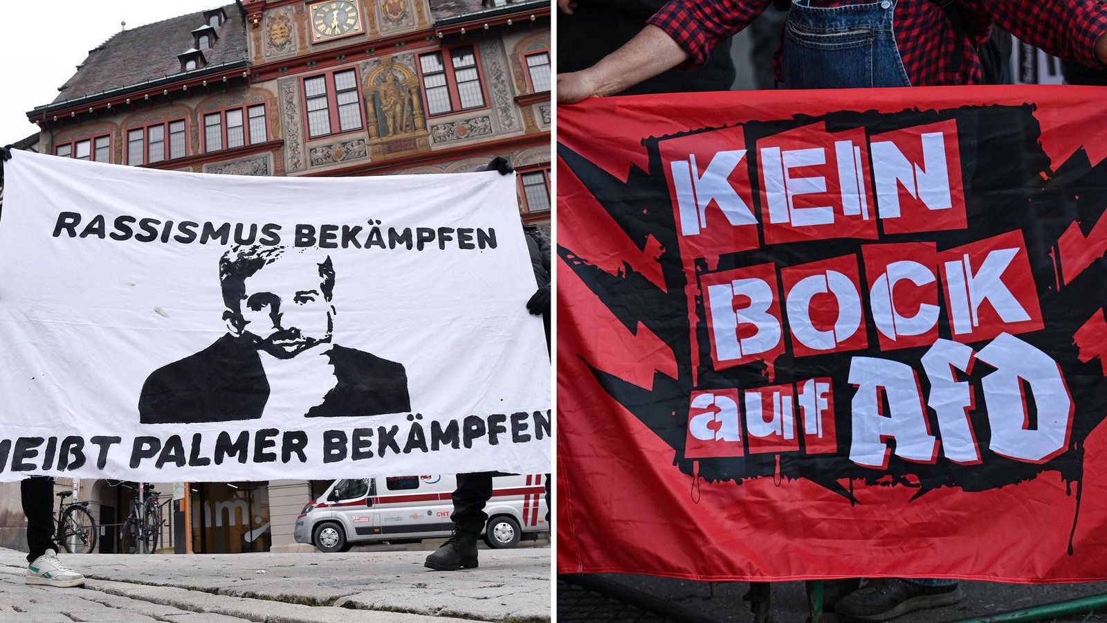 Manche in Tübingen bezeichnen Boris Palmer als Rassisten, wie Aktivisten mit einem Banner nach einem Facebook-Post des OB im Jahr 2021 deutlich machen (links). Ähnliche Vorwürfe erhält der Ex-Grüne jetzt auch wegen des geplanten Streitgesprächs mit der AfD. (Symbolbilder)Foto: imago/Ulmer Pressebildagentur, Ulmer II