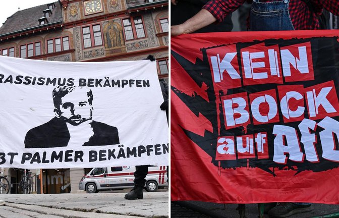 Manche in Tübingen bezeichnen Boris Palmer als Rassisten, wie Aktivisten mit einem Banner nach einem Facebook-Post des OB im Jahr 2021 deutlich machen (links). Ähnliche Vorwürfe erhält der Ex-Grüne jetzt auch wegen des geplanten Streitgesprächs mit der AfD. (Symbolbilder)<span class='image-autor'>Foto: imago/Ulmer Pressebildagentur, Ulmer II</span>