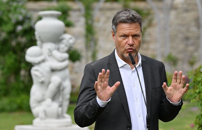 Bundeswirtschaftsminister Robert Habeck (Bündnis90/Die Grünen) spricht im Garten von Schloss Ettersburg zur Presse.<span class='image-autor'>Foto: Martin Schutt/dpa</span>