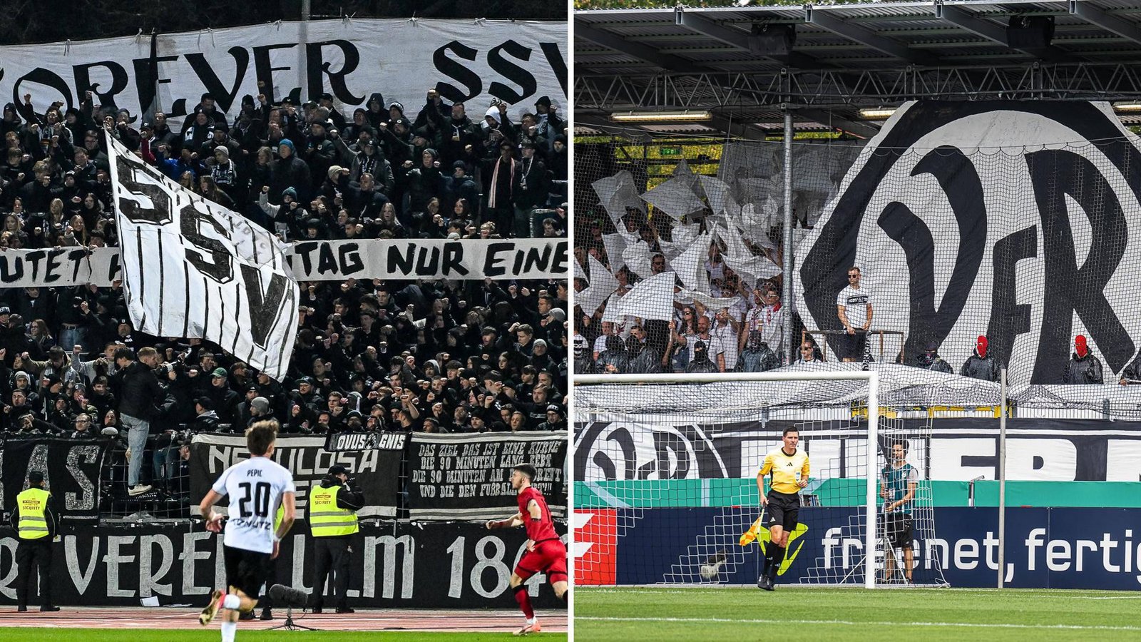 Stimmungsvolle Fan-Lager in Schwarz und Weiß: die Traditionsclubs SSV Ulm 1846 und VfR Aalen.Foto: Imago/Nordphoto, Imago/Eibner