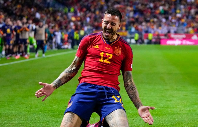 EM-Qualifikation: Spaniens Joselu feiert den dritten Treffer seiner Mannschaft gegen Norwegen.<span class='image-autor'>Foto: Manu Fernandez/AP/dpa</span>