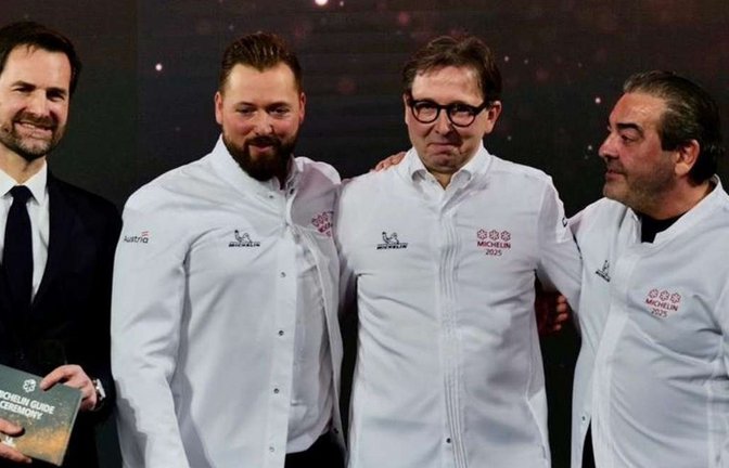 Michelin-Chef Gwendall Poullennec, Steirereck-Team Michael Bauböck und Heinz Reitbauer sowie Juan Amador.<span class='image-autor'>Foto: Michelin</span>