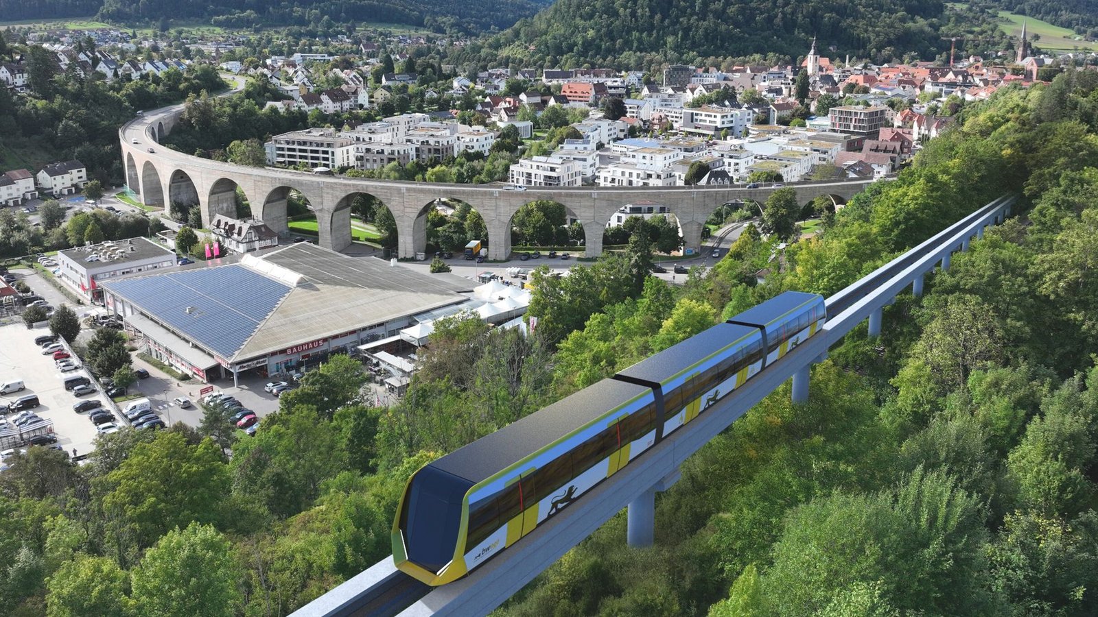Eine Fotomontage zeigt, wie eine mögliche Magnetbahn in Nagold aussehen könnte.Foto: Eine Fotomontage zeigt, wie eine mögliche Magnetbahn in Nagold aussehen könnte.Foto: