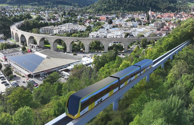 Eine Fotomontage zeigt, wie eine mögliche Magnetbahn in Nagold aussehen könnte.<span class='image-autor'>Foto:  </span>