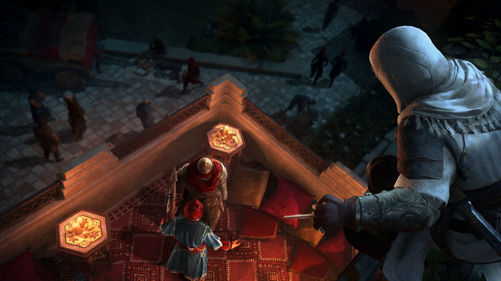 Wie in Assassin’s Creed üblich, belauscht Basim seine Feinde aus dem Verborgenen heraus.Foto: Ubisoft Wie in Assassin’s Creed üblich, belauscht Basim seine Feinde aus dem Verborgenen heraus.Foto: Ubisoft