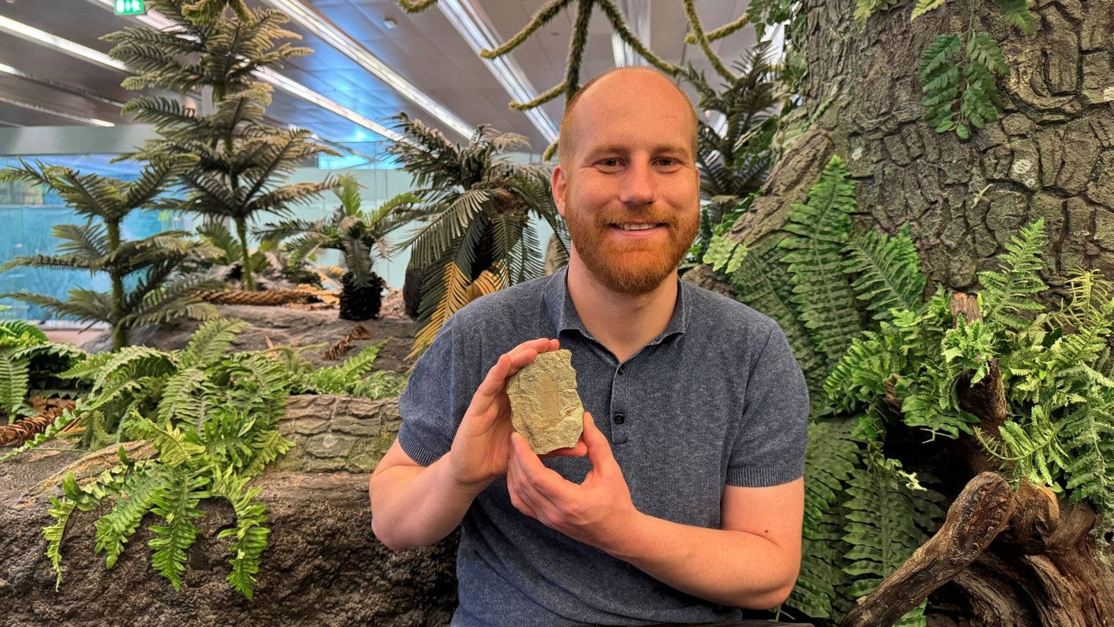 Stephan Spiekman steht mit einem Fossil von Mirasaura in der Dauerausstellung im Naturkundemuseum Stuttgart/Museum am Löwentor.Foto: Yannik Scheurer/SMNS/dpa Stephan Spiekman steht mit einem Fossil von Mirasaura in der Dauerausstellung im Naturkundemuseum Stuttgart/Museum am Löwentor.Foto: Yannik Scheurer/SMNS/dpa