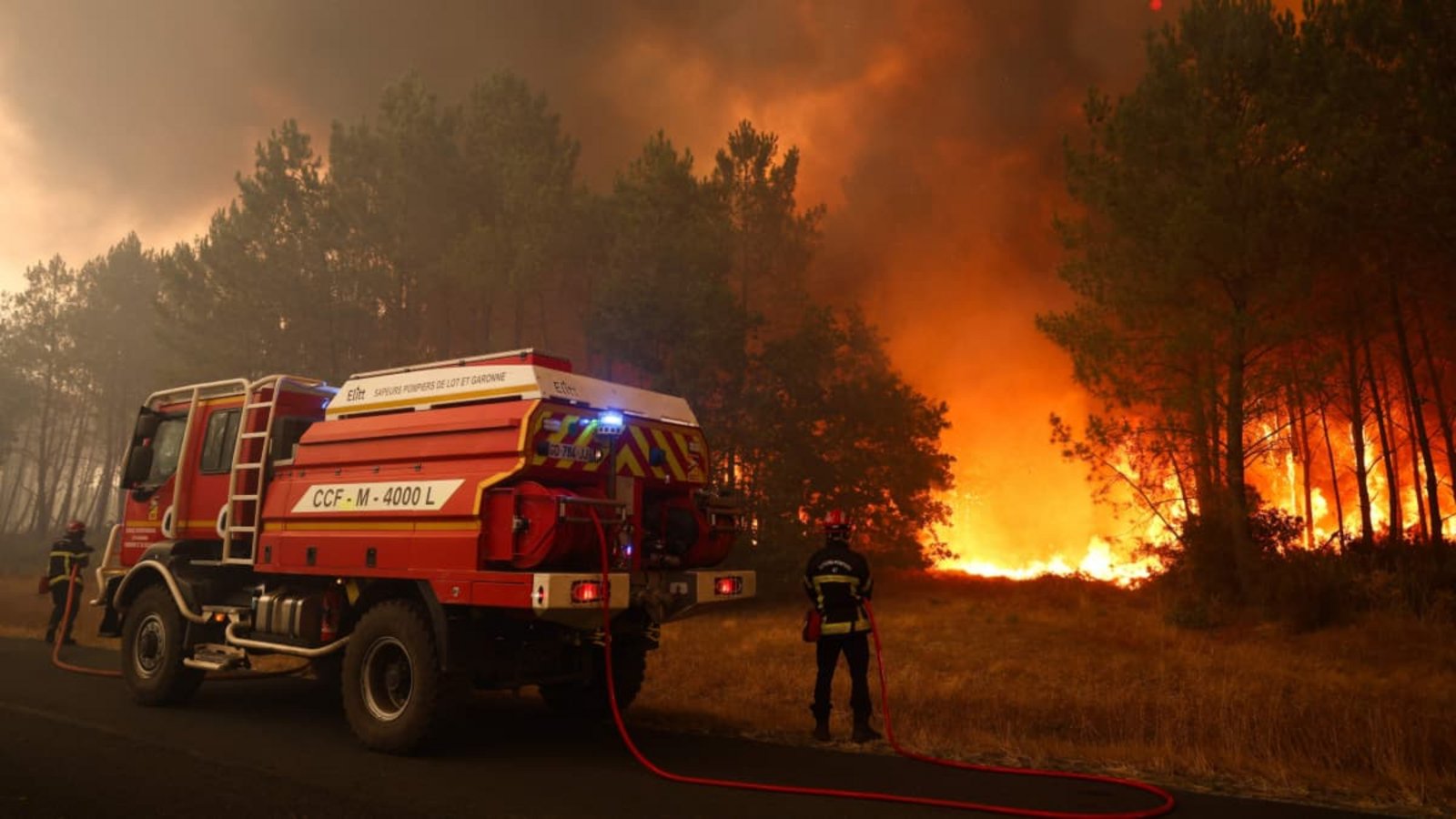 Feuerwehrleute versuchen in der Nähe von Le Porge im Südwesten Frankreichs mit einem Waldbrandlöschfahrzeug, die brennenden Bäume zu löschen.Romain Perrocheau/AFP/dpa
