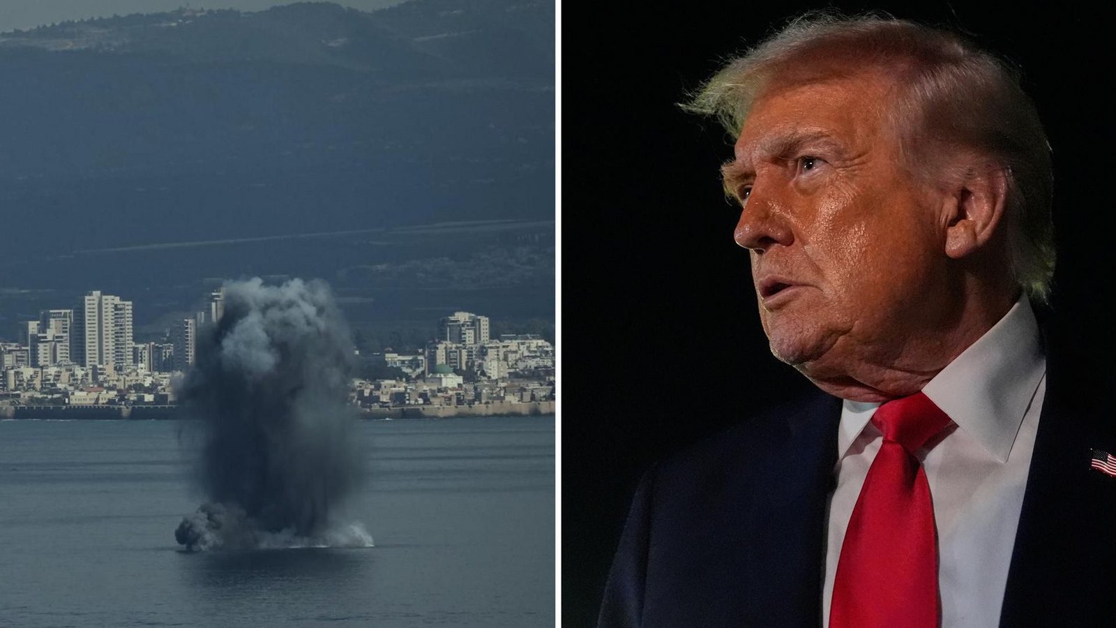 Rechts Explodiert ein ankommendes Geschoss in der Bucht von Haifa. Links spricht Donald Trump spricht zu Reportern.Foto: dpa/Leo Correa (l) und Julia Demaree Nikhinson (r)