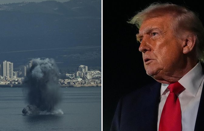 Rechts Explodiert ein ankommendes Geschoss in der Bucht von Haifa. Links spricht Donald Trump spricht zu Reportern.<span class='image-autor'>Foto: dpa/Leo Correa (l) und Julia Demaree Nikhinson (r)</span>