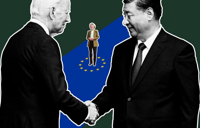 Die chinesische und US-amerikanische Regierung investieren Milliarden an Staatsgeldern in Klimatechnologien. In der EU ist die Sorge groß, abgehängt zu werden.<span class='image-autor'>Foto: Imago/Cord/Xinhua, Montage: Jana Gäng</span>