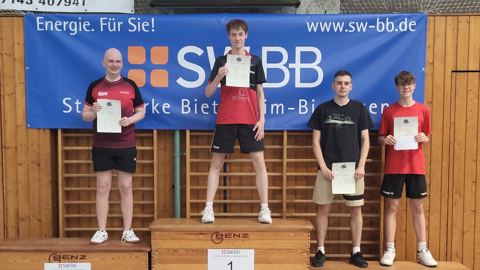 Die Sieger bei den Männern A. Philipp Vater (von links), Lasse Mähnert, Leon Lenischmidt und Silas Schurr. Foto: TTC Bietigheim-Bissingen