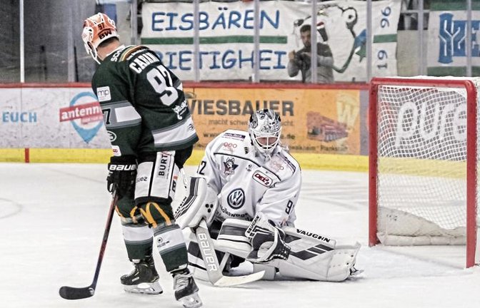 An Huskies-Torwart Marcel Melichercik (rechts) war kaum ein Vorbeikommen. Foto: Simecek