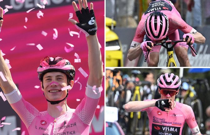 Das Ritual des Giro-Siegers: Jonas Vingegaard küsste bei jedem seiner fünf Etappensiege das auf dem Lenker seines Rades klebende Familien-Foto und seinen Ehering.<span class='image-autor'>Foto: Imago/Zennaro, Sirotti, LaPresse</span>