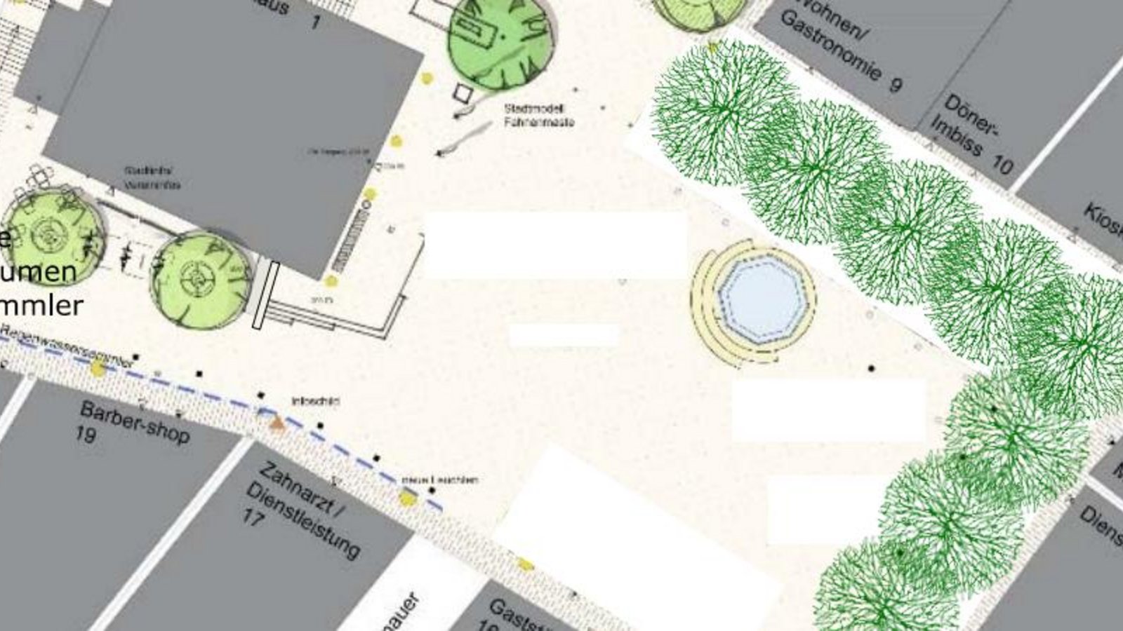 Visualisierung des Vorschlags mit den Bäumen auf dem Marktplatz im Antrag der BbV. Screenshot vom Ratsinfosystem der Stadt Vaihingen: Rücker Visualisierung des Vorschlags mit den Bäumen auf dem Marktplatz im Antrag der BbV. Screenshot vom Ratsinfosystem der Stadt Vaihingen: Rücker