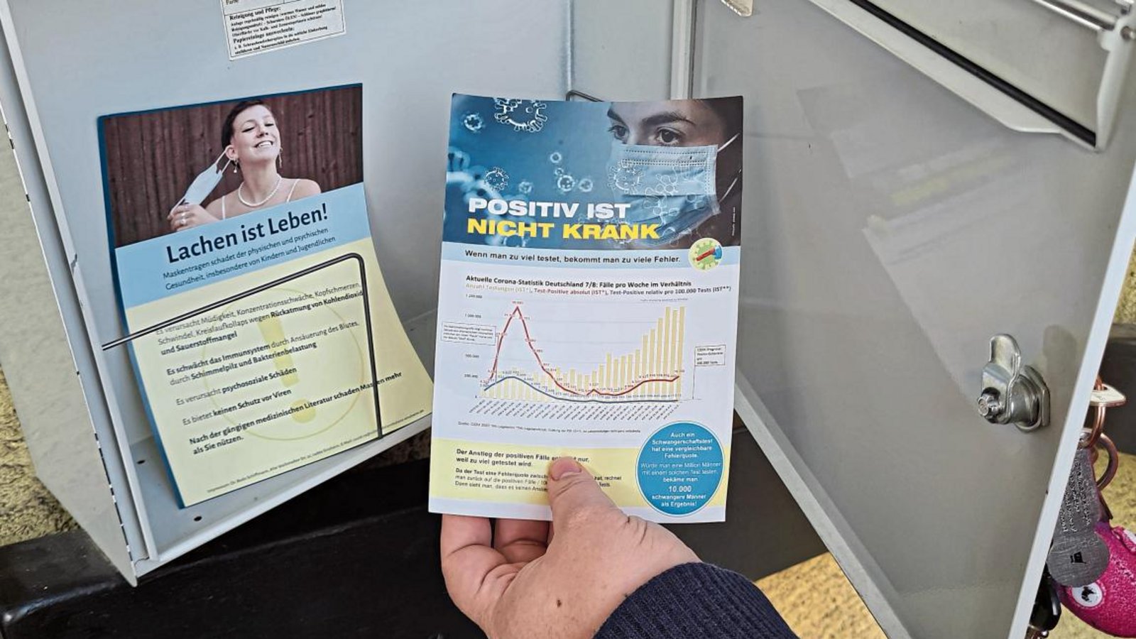 Solche Flyer sind vergangenes Wochenende in Auricher Briefkästen gelandet. Im Impressum steht Corona-Leugner Bodo Schiffmann. Fotos: Rieger, p Solche Flyer sind vergangenes Wochenende in Auricher Briefkästen gelandet. Im Impressum steht Corona-Leugner Bodo Schiffmann. Fotos: Rieger, p