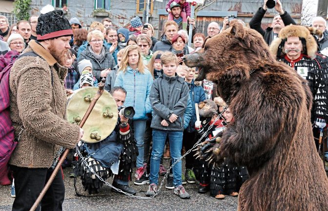 Brauchtumsvorführungen wie der Bär und sein Treiber am Samstag in Hohenhaslach. Fotos: Bögel