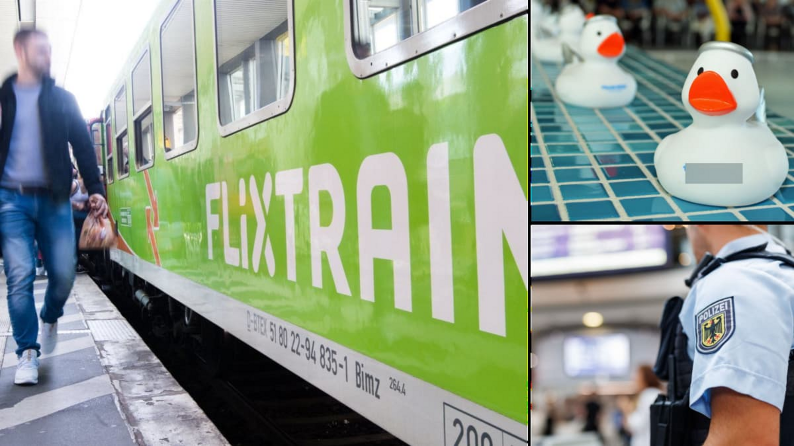 Die Bundespolizei kontrolliert einen ankommenden Flixtrain im Stuttgarter Bahnhof. Der Grund: Unbekannte verteilten Spielzeugenten mit weißem Pulver.Julian Stratenschulte/Thomas Jauch/Daniel Karmann