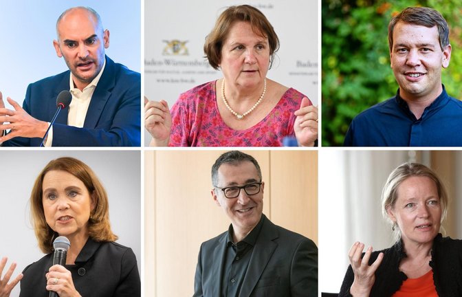 Ministerpräsident Cem Özdemir (unten, Mitte) und seine grüne Ministerriege (von unten links nach unten rechts im Uhrzeigersinn:  Petra Olschowski, Danyal Bayaz, Theresa Schopper, Oliver Hildenbrand, Thekla Walker<span class='image-autor'>Foto: dpa/Lichtgut/Imago</span>