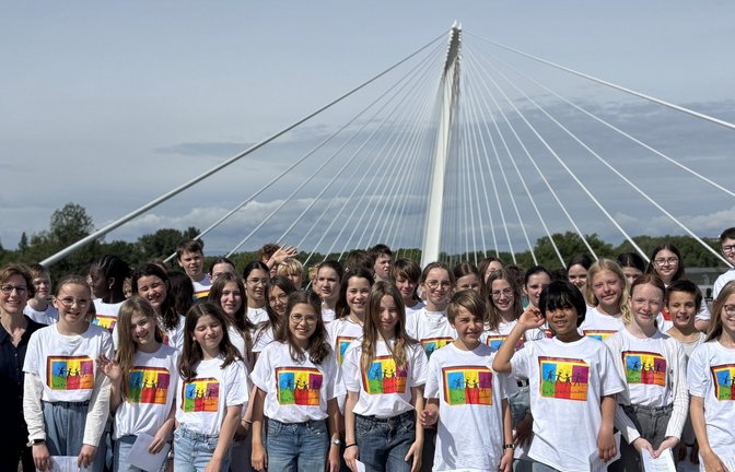 Die Fantastikinder aus Vaihingen und aus Truchtersheim mit ihren Begleitlehrkräften Bernadette Gall (links, sitzend) und Carmen Förnzler (Zweite von links) auf der symbolträchtigen „Passerelle des Deux Rives“ (Brücke der zwei Ufer). <span class='image-autor'>Foto: p</span>