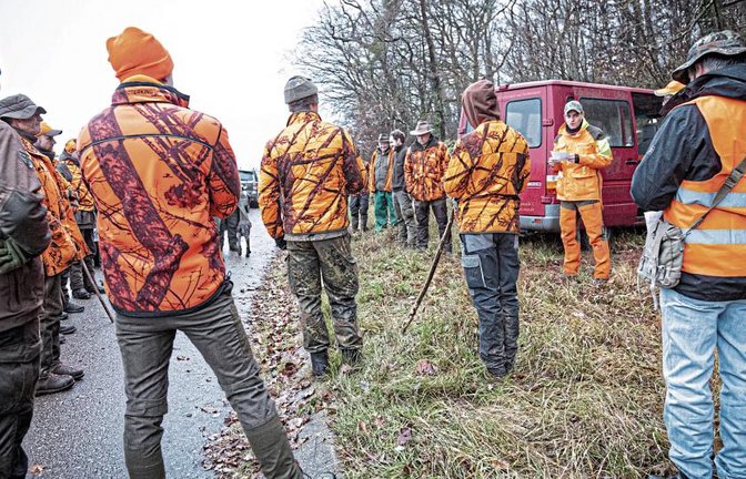Jagdleiter Philipp Notz (Dritter von rechts) bei der kurzen gemeinsamen Besprechung im Jagdrevier Hohenhaslach-Nord. Nach der Sicherheitsbelehrung werden die Jäger auf die Stände verteilt und die Treiber in Gruppen aufgeteilt.  Fotos: Ott