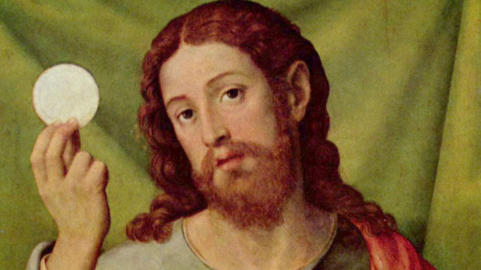 Christus als eucharistischer Heiland: in seiner rechten Hand die Hostie, auf dem Tisch die Reliquie des Heiligen Kelchs (Juan de Joanes, Spanien nach 1550).Foto: W/kipedia commons/Vicente Juan Masip/The Yorck Project (2002) Christus als eucharistischer Heiland: in seiner rechten Hand die Hostie, auf dem Tisch die Reliquie des Heiligen Kelchs (Juan de Joanes, Spanien nach 1550).Foto: W/kipedia commons/Vicente Juan Masip/The Yorck Project (2002)