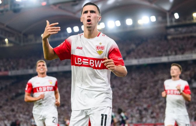 Bilal El Khannouss bringt den VfB Stuttgart mit seinem Führungstor auf die Siegerstraße.<span class='image-autor'>Tom Weller/dpa</span>