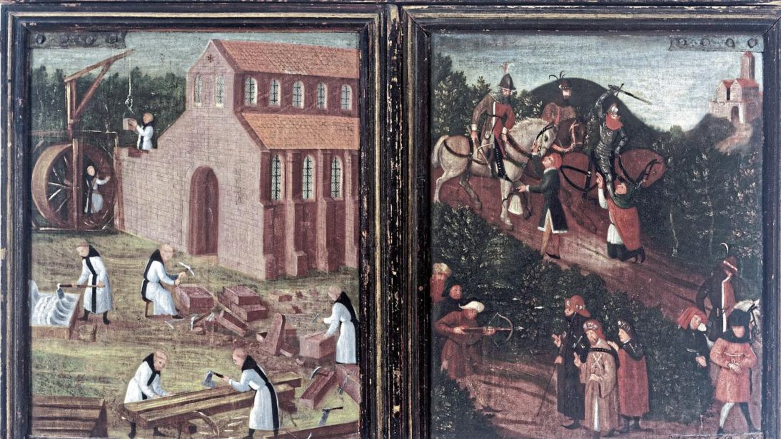 Die Stiftertafel des Klosters Maulbronn zeigt im geschlossenen Zustand Zisterzienser beim Bau der Kirche (links) und reisende Mönche und Pilger, die von Räubern überfallen werden.  Foto: SSG