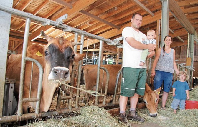 Die Kühe Olive und Hannah gehören zur einzigen Herde weit und breit, die nur aus Jersey-Rinder besteht. Sebastian und Yvonne Schoening mit Oskar (drei Jahre) und Corbinian (neun Monate) wollen ihren jungen Betrieb noch weiter ausbauen.  Fotos: Banholzer