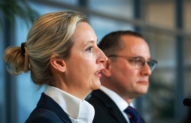 Sehen sich im Unrecht: Alice Weidel und Tino Chrupalla – die beiden Bundessprecher der AfD.<span class='image-autor'>Foto: imago/Political-Moments</span>
