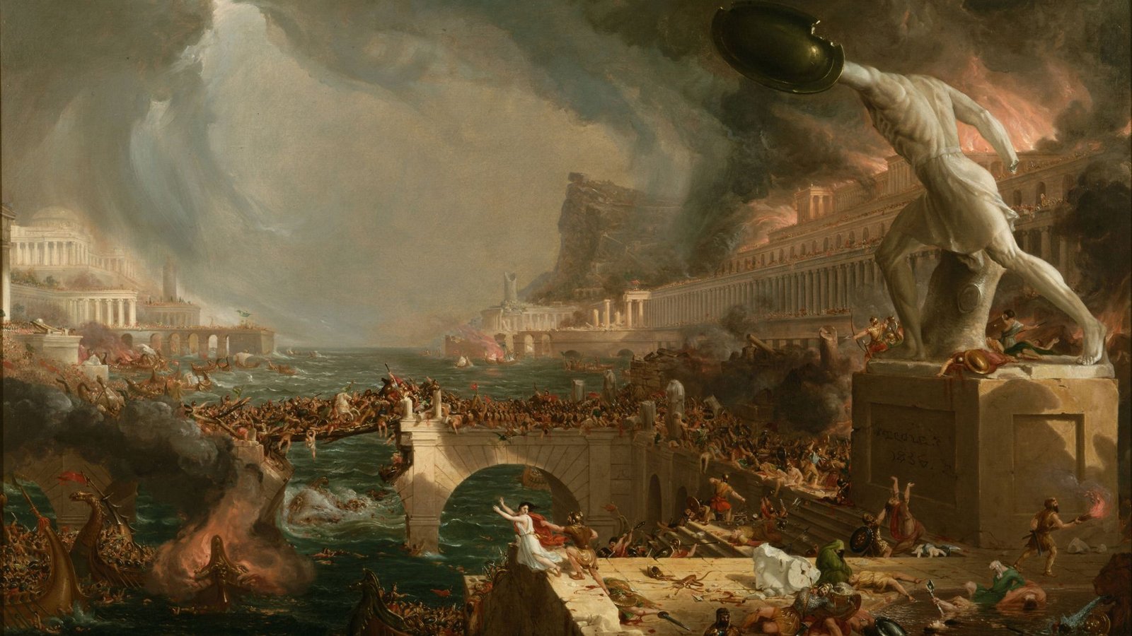 „Der Lauf des Imperiums“ ist eine Serie von fünf Gemälden des amerikanischen Malers Thomas Cole, entstanden zwischen 1833 und 1836. Die Serie schildert Aufstieg und Fall einer imaginären Stadt am unteren Ende eines Flusstals, nahe dessen Mündung in eine Meeresbucht.Foto: Imago/Heritage Images