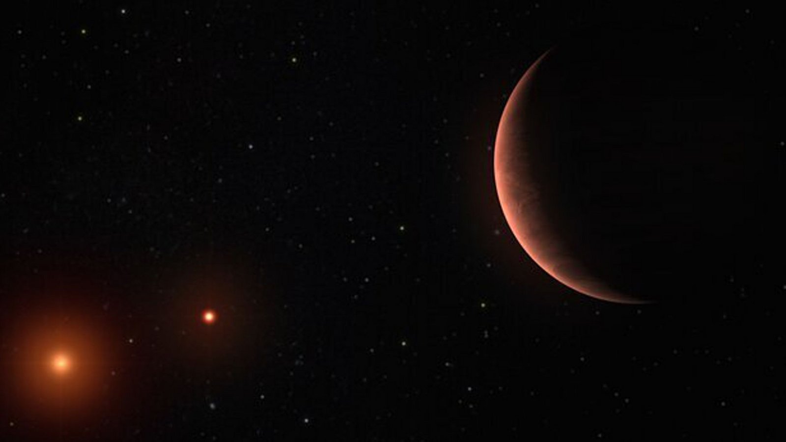 Künstlerische Darstellung des zirkumbinären Exoplanet 2M1510 (AB) b, der zweiFoto: European Southern Observatory (ESO)/M. Kornmesser Künstlerische Darstellung des zirkumbinären Exoplanet 2M1510 (AB) b, der zweiFoto: European Southern Observatory (ESO)/M. Kornmesser