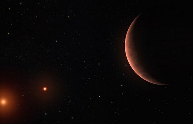 Künstlerische Darstellung des zirkumbinären Exoplanet  2M1510 (AB) b, der zwei<span class='image-autor'>Foto: European Southern Observatory (ESO)/M. Kornmesser</span>
