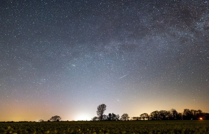 Der Sternenhimmel leuchtet über einem Rapsfeld in Schleswig-Holstein.<span class='image-autor'>Foto: Daniel Reinhardt/dpa</span>