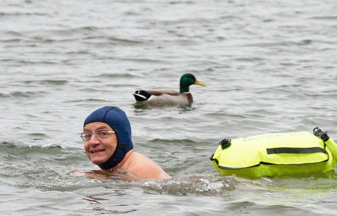 Begeisterter Schwimmer: Wigald Boning – hier im Otto-Maigler See – geht auch bei eisigen Temperaturen baden.<span class='image-autor'>Foto: Henning Kaiser/dpa/Henning Kaiser</span>