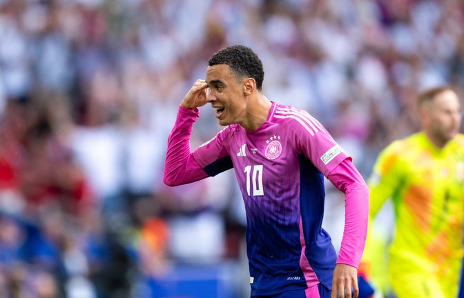 Jamal Musiala jubelt über das Tor zum 1:0 gegen Ungarn bei der Fußball Europameisterschaft 2024 in Stuttgart, 2. Spieltag, 19.06.2024<span class='image-autor'>Foto: Eibner-Pressefoto</span>