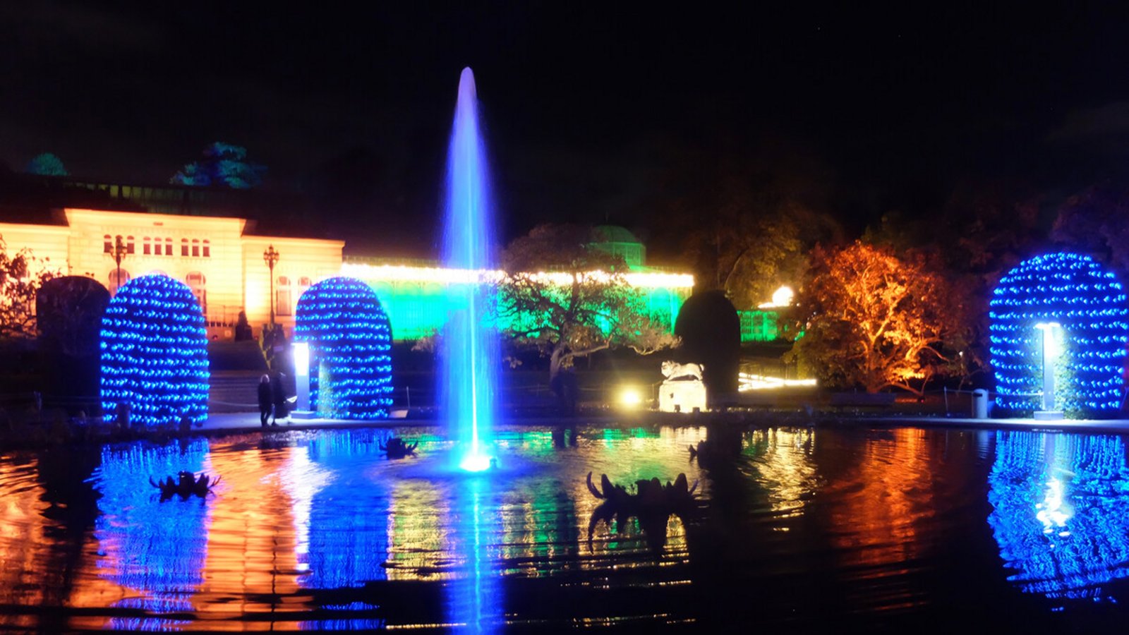 Neuen Lichterzauber mit bis zu 30 Meter hohen Fontänen am Seerosenteich gibt es ab 15. November in der Wilhelma zu sehen.Foto: Iris Frey