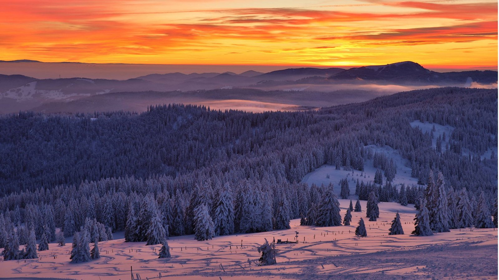 Blick vom Gipfel des Feldbergs Schwarzwald auf die untergehende Abendsonne.Foto: Imago/onw-images