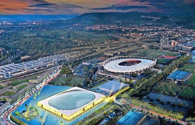 Die neue Arena (unten) soll die Schleyerhalle ersetzen. Zu Finanzierung und Betriebe sucht die Stadt einen Investor.<span class='image-autor'>OSA/ASP</span>