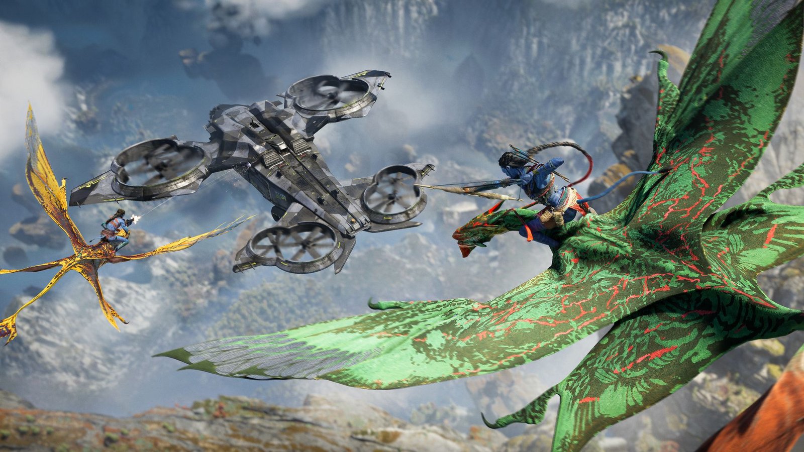 „Avatar: Frontiers of Pandora“ bietet auch Luftkämpfe gegen die Maschinen der Menschen.Foto: Ubisoft „Avatar: Frontiers of Pandora“ bietet auch Luftkämpfe gegen die Maschinen der Menschen.Foto: Ubisoft