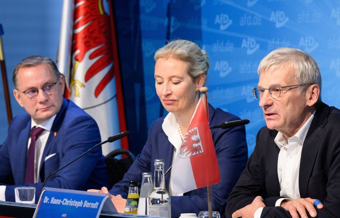 Die Bundesvorsitzenden der AfD, Tino Chrupalla (rechts) und Alice Weidel  sowie die Spitzenkandidat in Brandenburg, Hans-Christoph Berndt (rechts), am Tag nach der Wahl.<span class='image-autor'>Foto: dpa/Bernd von Jutrczenka</span>