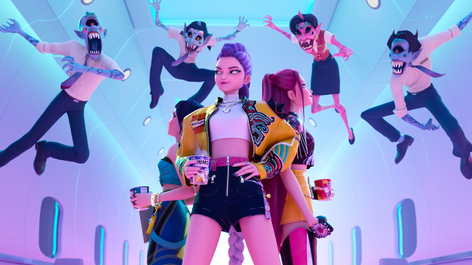 Wenn sie nicht gerade Stadien ausverkaufen, beschützen die Kpop-Stars ihre Fans vor einer übernatürlichen Bedrohung.Foto: NETFLIX Wenn sie nicht gerade Stadien ausverkaufen, beschützen die Kpop-Stars ihre Fans vor einer übernatürlichen Bedrohung.Foto: NETFLIX