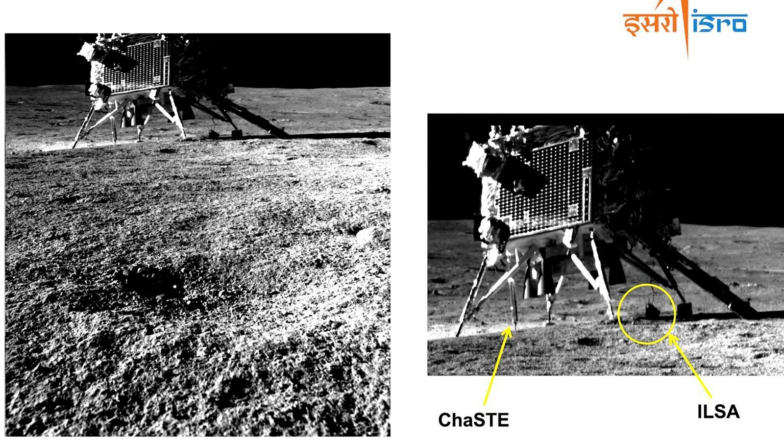 Dieses von der Indischen Weltraumforschungsorganisation (ISRO) zur Verfügung gestellte Bild zeigt den Lander aus Perspektive des Rovers.<span class='image-autor'>Foto: Uncredited/Indian Space Research Organization/AP/dpa</span>
