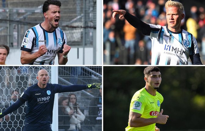 Flamur Berisha, Per Lockl, Ardi Mulaj, Felix Dornebusch (v.o.li. im Uhrzeigersinn): vier Spieler, die man sich auch in der kommenden Saison bei den Stuttgarter Kickers gut vorstellen kann.<span class='image-autor'>Foto: Baumann (3), Imago/Lobeca</span>